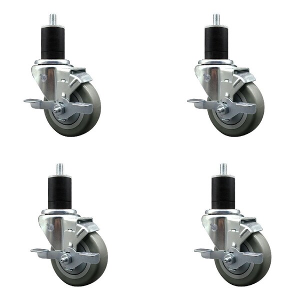 3.5'' Gray Poly Swivel 1-3/4'' Expanding Stem Caster Set with Brake, 4PK